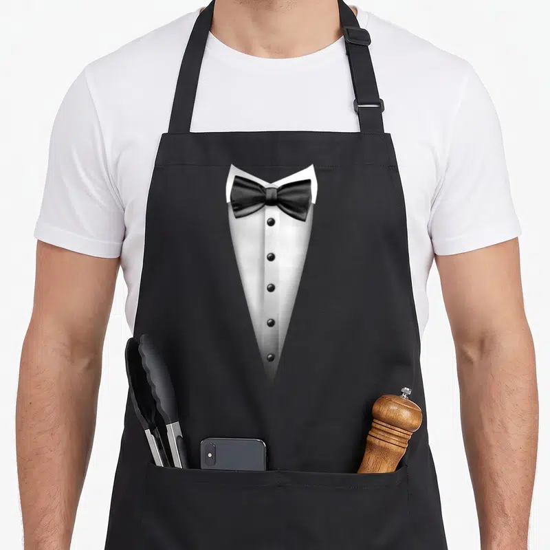 Tablier de cuisine noir avec illustration d'un col blanc, noeud papillon noir et cinq boutons alignés sur une veste formelle.