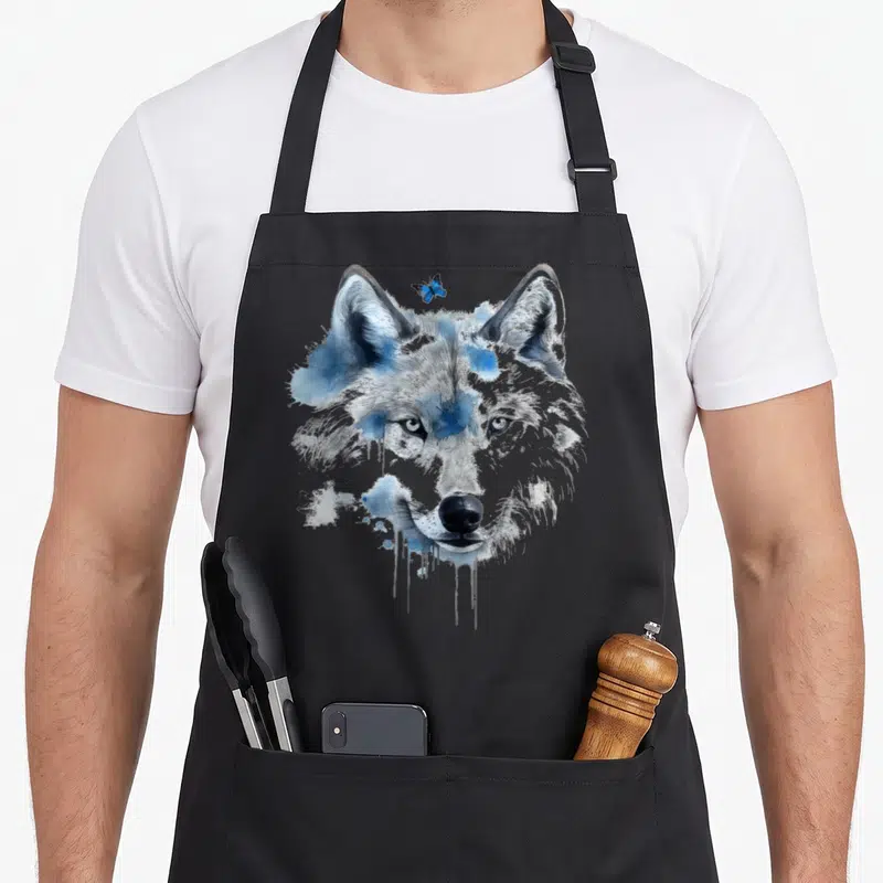 Tablier de cuisine noir avec tête de loup au style aquarelle bleue et un petit papillon posé sur l'oreille gauche.