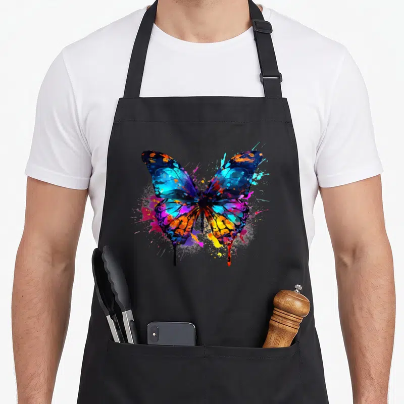 Tablier de cuisine noir avec un grand papillon aux ailes multicolores et des éclaboussures artistiques bleues, oranges et roses.