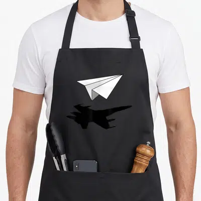 Tablier de cuisine noir avec un avion en papier blanc projetant une silhouette de chasseur stealth noir.
