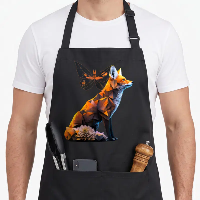 Tablier de cuisine noir avec illustration de renard origami aux ailes de papillon et fleurs.