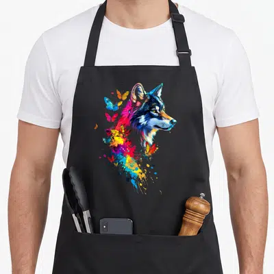 Tablier de cuisine noir avec tête de loup stylisée et papillons multicolores en aquarelle.