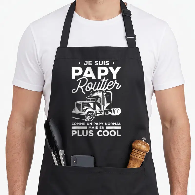 Tablier de cuisine noir avec illustration de camion routier et texte Je suis papy routier comme un papy normal mais en plus cool