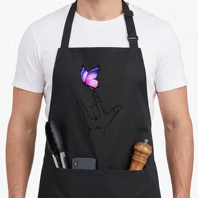 Tablier de cuisine noir avec une main en signe de love et un papillon violet et rose posé sur l'index.
