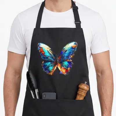 Tablier de cuisine noir avec un grand papillon aux ailes peintes en bleu, orange et blanc dans un style abstrait.