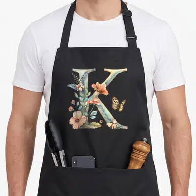 Tablier de cuisine noir avec une grande lettre K entourée de fleurs roses et d'un papillon aux ailes tachetées.