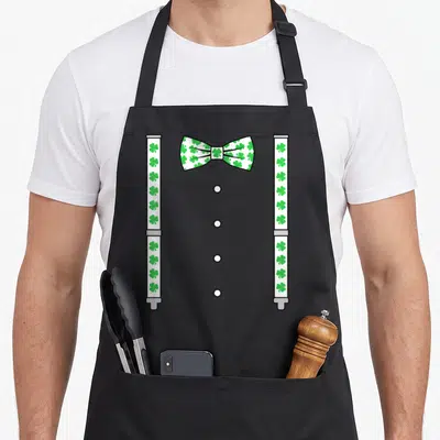 Tablier de cuisine noir avec un grand nœud papillon et des bretelles couverts de petits trèfles verts à quatre feuilles.