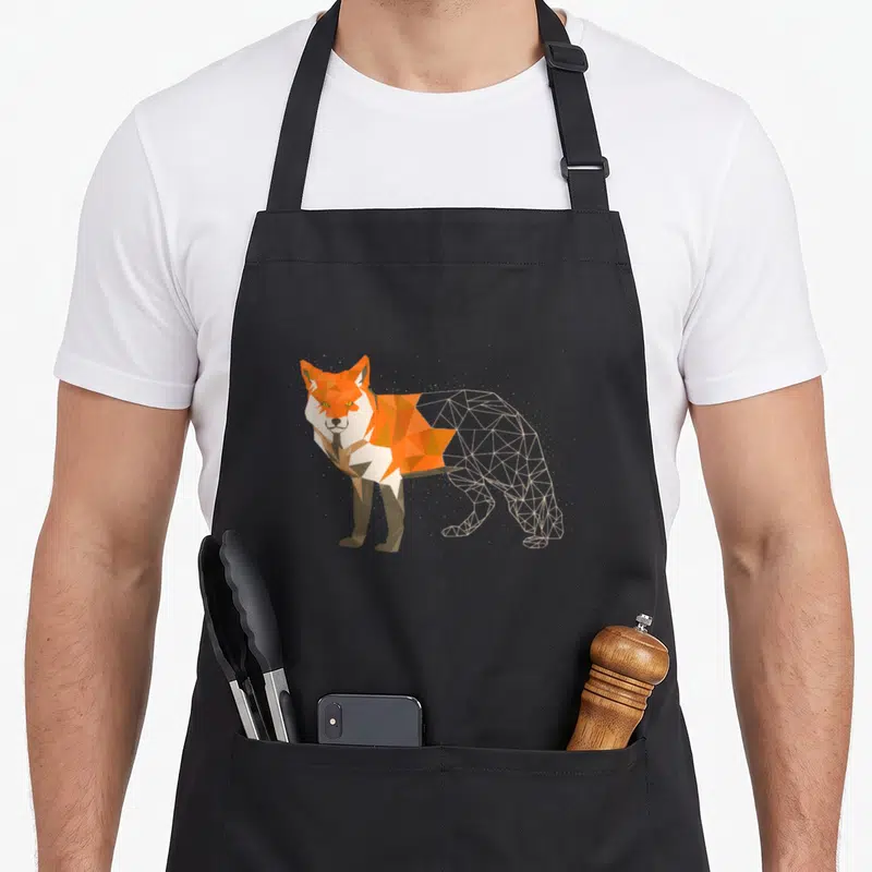 Tablier de cuisine noir avec illustration renard origami rotfuchs en papier polygon graphique orange et blanc.