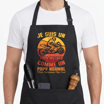 Tablier de cuisine noir avec illustration de motard et texte Je Suis Un Papy-Motard Comme Un Papy Normal Mais Carrément Plus Cool