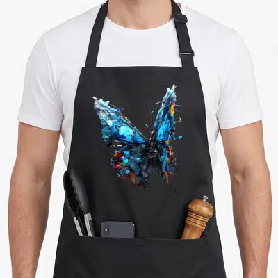 Tablier de cuisine noir avec un papillon numérique aux ailes fragmentées en bleu électrique et touches d'orange vif.
