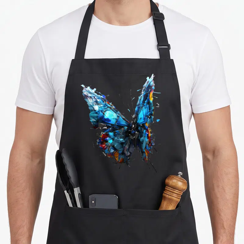 Tablier de cuisine noir avec un papillon numérique aux ailes fragmentées en bleu électrique et touches d'orange vif.