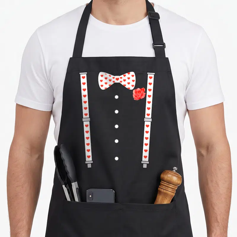Tablier de cuisine noir avec illustration de bretelles à coeurs, noeud papillon et rose rouge.
