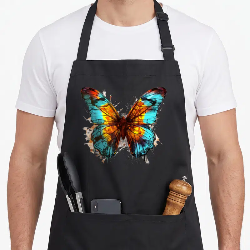 Tablier de cuisine noir avec un grand papillon aux ailes turquoise et orange style peinture abstraite.