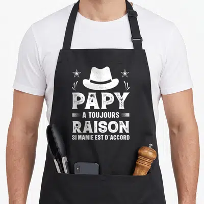 Tablier de cuisine noir avec chapeau blanc et texte blanc Papy a toujours raison si mamie est d'accord