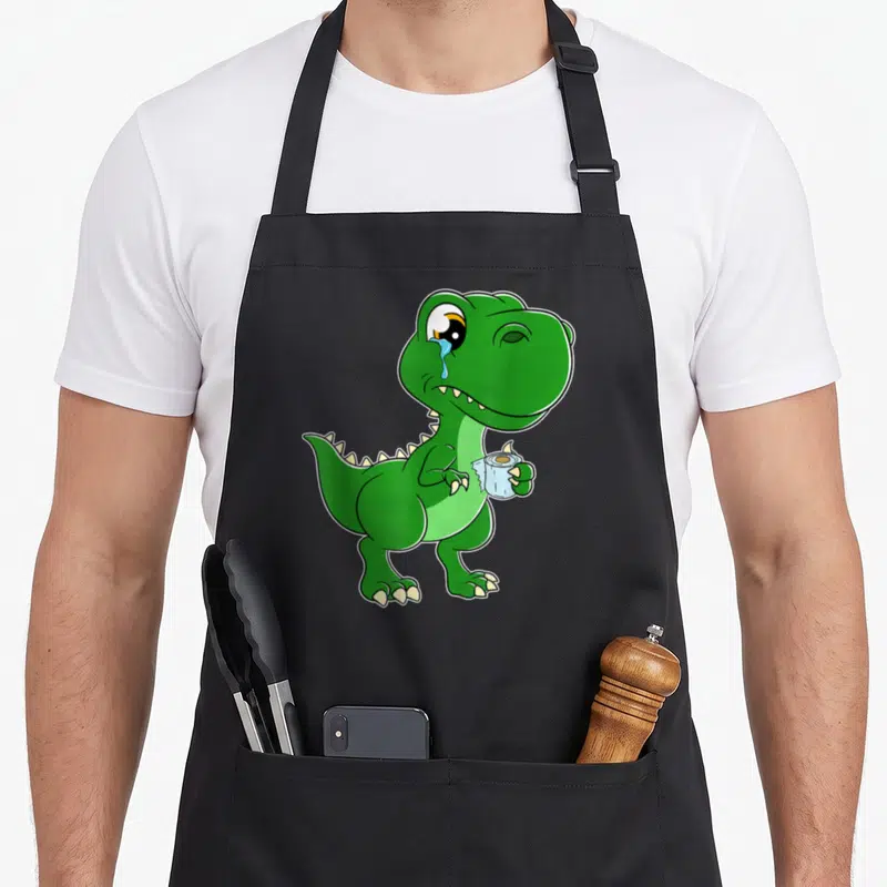Tablier de cuisine noir avec un dinosaure vert pleurant tenant une rouleau de papier toilette.