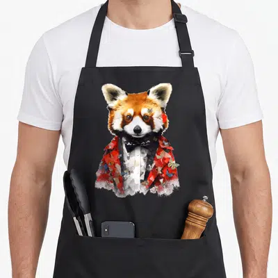 Tablier de cuisine noir avec illustration panda rouge en costume rouge et nœud papillon noir orné de papillons colorés.
