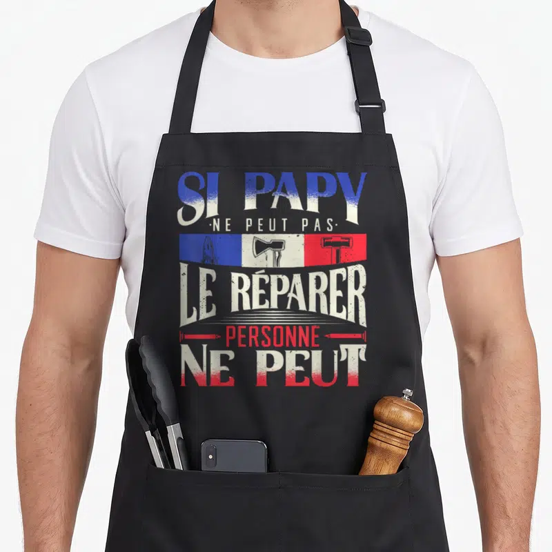 Tablier de cuisine noir avec inscription Si Papy ne peut pas le réparer personne ne peut et icônes d'outils.