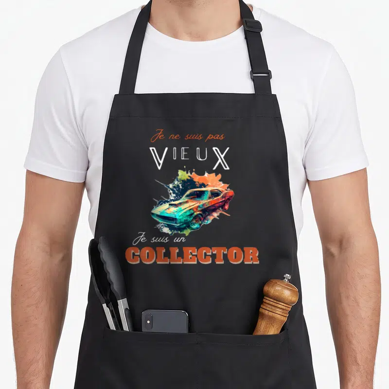 Tablier de cuisine noir avec illustration de muscle car colorée et texte Je ne suis pas vieux collecteur