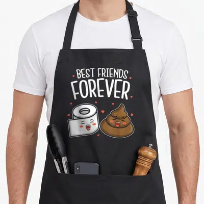 Tablier de cuisine noir avec illustration papier toilette et fèces souriants Best Friends Forever entourés de petits cœurs roses.