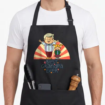 Tablier de cuisine noir avec illustration d'un grand-père et d'une enfant devant le texte Best Grandpa Ever.