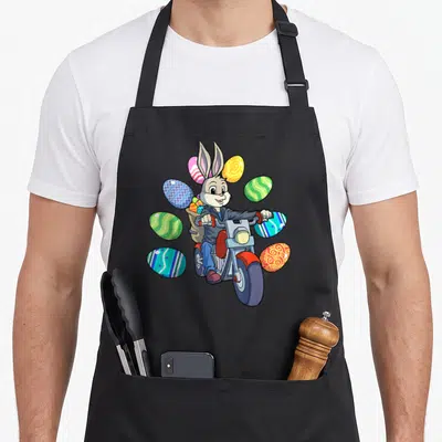Tablier de cuisine noir avec lapin gris conduisant une moto rouge entouré d'œufs de Pâques décorés aux motifs variés.
