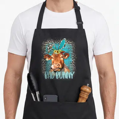 Tablier de cuisine noir avec une vache cowgirl aux oreilles de lapin et l'inscription Bad Bunny en bleu turquoise.
