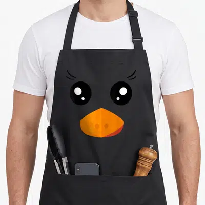 Tablier de cuisine noir avec un visage de poussin aux grands yeux noirs et au bec orange stylisé.