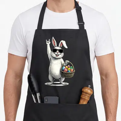 Tablier de cuisine noir avec illustration d'un lapin blanc portant des lunettes noires et levant la main en signe de rock.