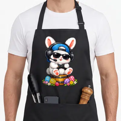 Tablier de cuisine noir avec lapin blanc gamer portant casque, lunettes et manette sur tonneau entouré d'œufs de Pâques.