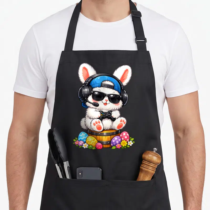 Tablier de cuisine noir avec lapin blanc gamer portant casque, lunettes et manette sur tonneau entouré d'œufs de Pâques.