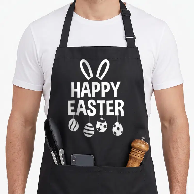 Tablier de cuisine noir avec inscription Happy Easter, oreilles de lapin et quatre œufs de Pâques suspendus aux lettres.