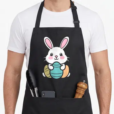 Tablier de cuisine noir avec lapin blanc tenant un oeuf bleu et deux autres oeufs colorés en dessous.
