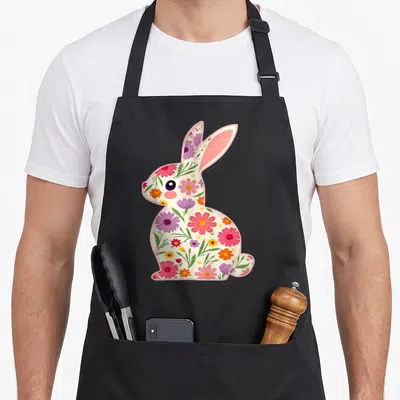 Tablier de cuisine noir avec un lapin blanc rempli de fleurs roses, violettes et jaunes au design printanier.