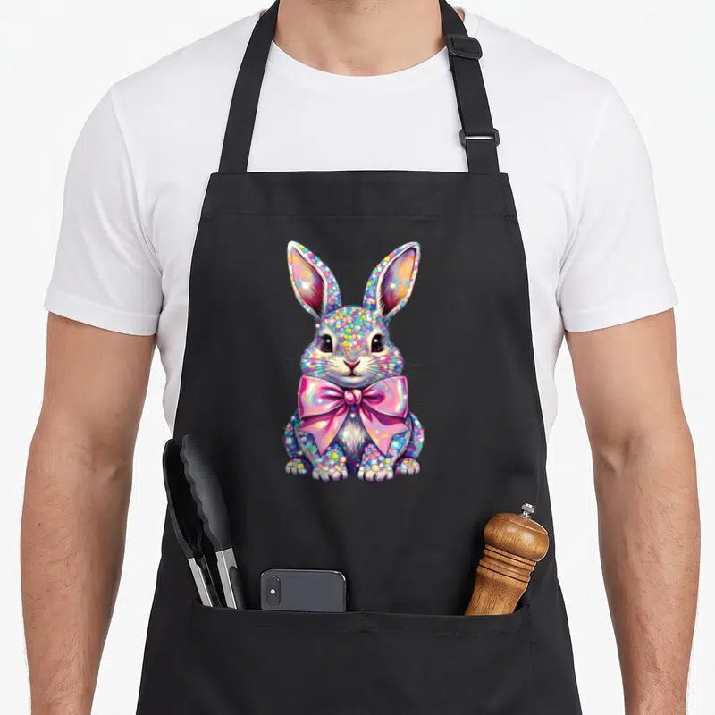 Tablier de cuisine noir avec un lapin coloré en mosaïque irisée portant un grand nœud papillon rose brillant.