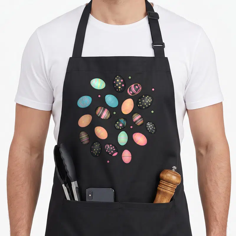Tablier de cuisine noir avec des œufs de Pâques colorés aux motifs rayés, pois et ondulés dispersés sur le devant.