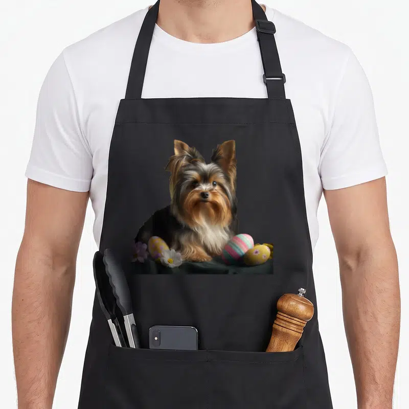 Tablier de cuisine noir avec un Biewer Yorkshire Terrier entouré d'œufs de Pâques peints et de petites fleursPrintanières.