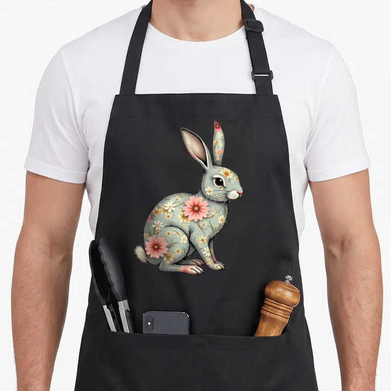 Tablier de cuisine noir avec illustration d'un lapin gris recouvert de fleurs roses et blanches au style détaillé.