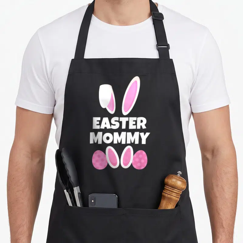 Tablier de cuisine noir avec le texte Easter Mommy, deux oreilles de lapin et quatre œufs roses à pois.