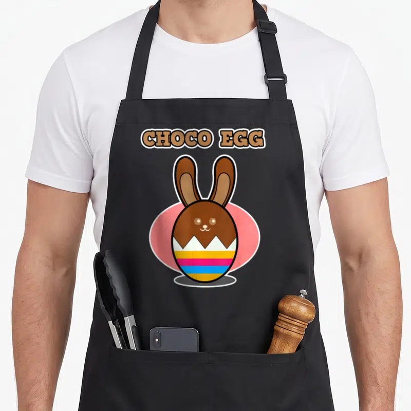 Tablier de cuisine noir avec un œuf au chocolat aux oreilles de lapin et l'inscription CHOCO EGG en haut.