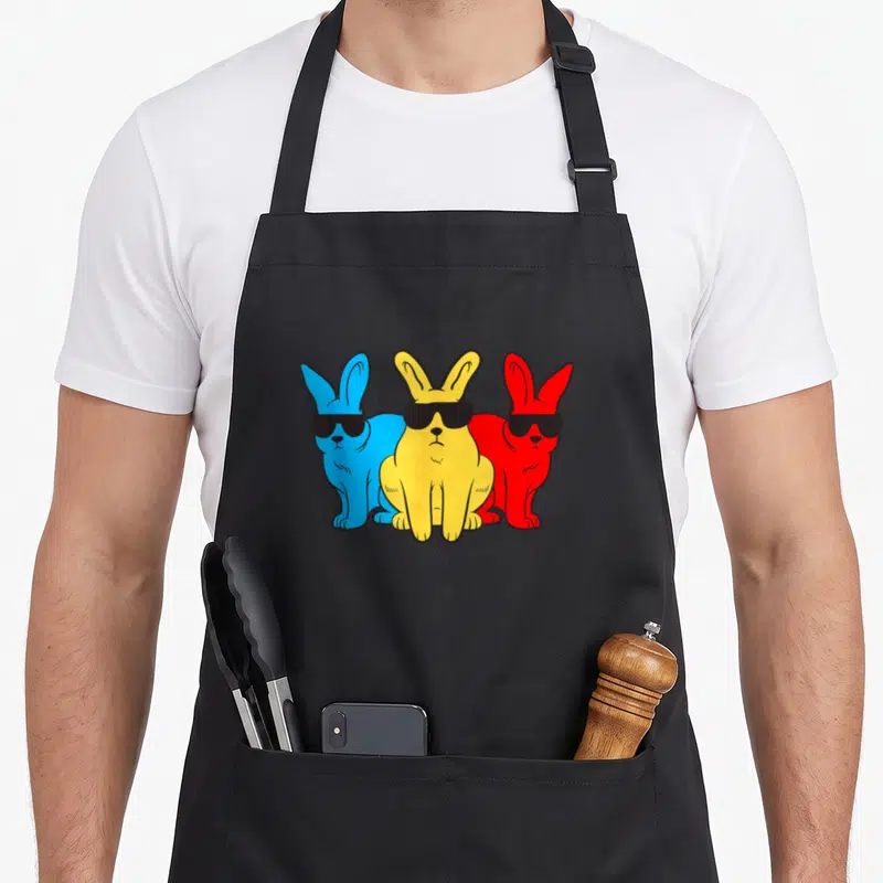 Tablier de cuisine noir avec trois lapins colorés portant des lunettes noires de soleil.