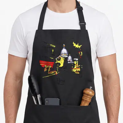 Tablier de cuisine noir avec illustration colorée de Montmartre, Sacré-Cœur et Paris France