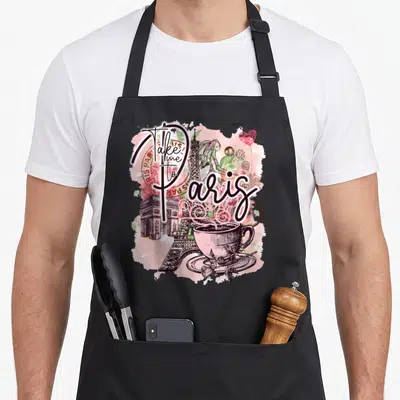 Tablier de cuisine noir avec illustration vintage Take Me To Paris Tour Eiffel Café Vélo Roses