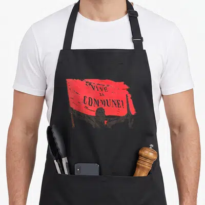 Tablier de cuisine noir avec illustration d'un homme tenant un drapeau rouge et une arme à feu.