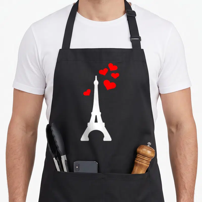 Tablier de cuisine noir avec une tour Eiffel blanche et des coeurs rouges flottant autour du sommet.