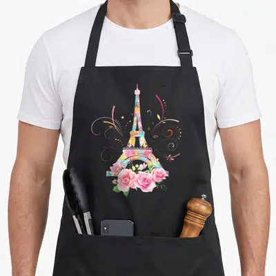 Tablier de cuisine noir avec une Tour Eiffel colorée aux motifs géométriques et des roses roses à sa base.