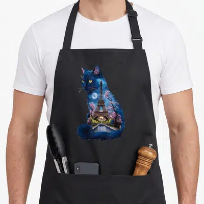 Tablier de cuisine noir avec une illustration d'un chat bleu contenant la Tour Eiffel et des arbres en fleurs roses.