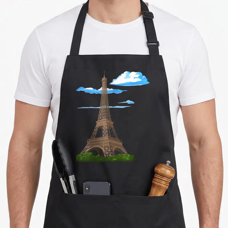 Tablier de cuisine noir avec une illustration colorée de la Tour Eiffel sur fond de ciel bleu et de verdure.