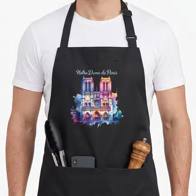 Tablier de cuisine noir avec une aquarelle colorée représentant la façade de Notre Dame de Paris et son roseau central.