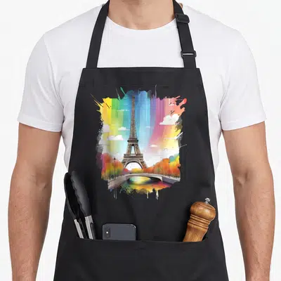 Tablier de cuisine noir avec une illustration colorée de la Tour Eiffel et un ciel arc-en-ciel.