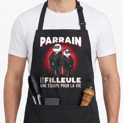 Tablier de cuisine noir avec deux pandas en costumes et lunettes noires sous les mots Parrain et Filleule.